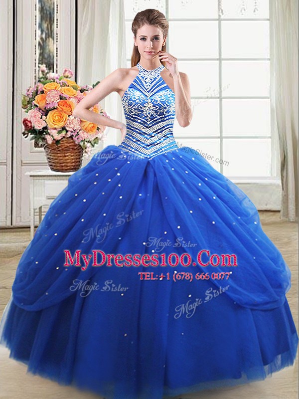 Royal Blue Halter Top Neckline Beading and Pick Ups 15 Quinceanera Dress Sleeveless Lace Up