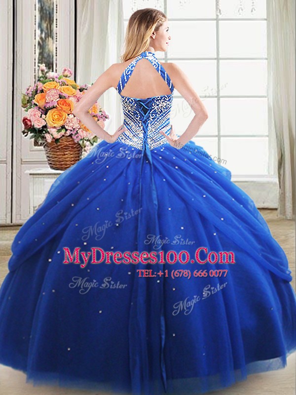 Royal Blue Halter Top Neckline Beading and Pick Ups 15 Quinceanera Dress Sleeveless Lace Up