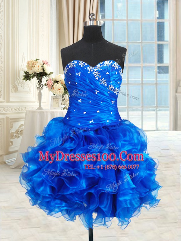 Fancy Four Piece Sweetheart Sleeveless Quince Ball Gowns Floor Length Beading and Ruffles Royal Blue Organza