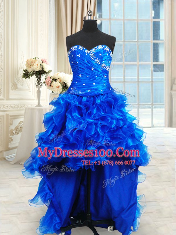 Fancy Four Piece Sweetheart Sleeveless Quince Ball Gowns Floor Length Beading and Ruffles Royal Blue Organza
