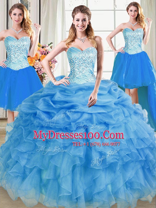Dazzling Four Piece Floor Length Lace Up Sweet 16 Dresses Blue for Military Ball and Sweet 16 and Quinceanera with Beading and Ruffles and Pick Ups