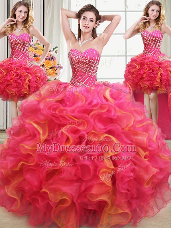 Chic Four Piece Sweetheart Sleeveless Lace Up Quince Ball Gowns Multi-color Organza