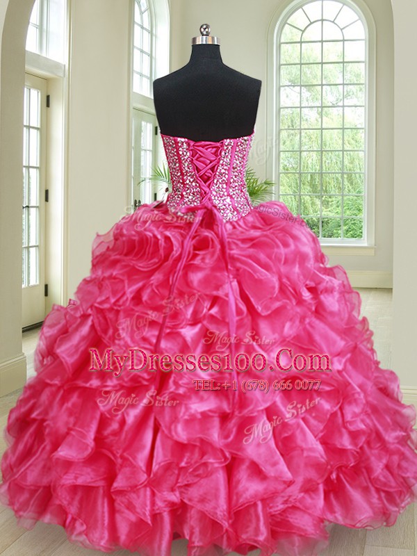Four Piece Sweetheart Sleeveless 15 Quinceanera Dress Floor Length Beading and Ruffles Hot Pink Organza