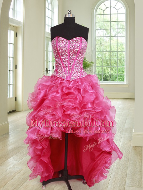 Four Piece Sweetheart Sleeveless 15 Quinceanera Dress Floor Length Beading and Ruffles Hot Pink Organza
