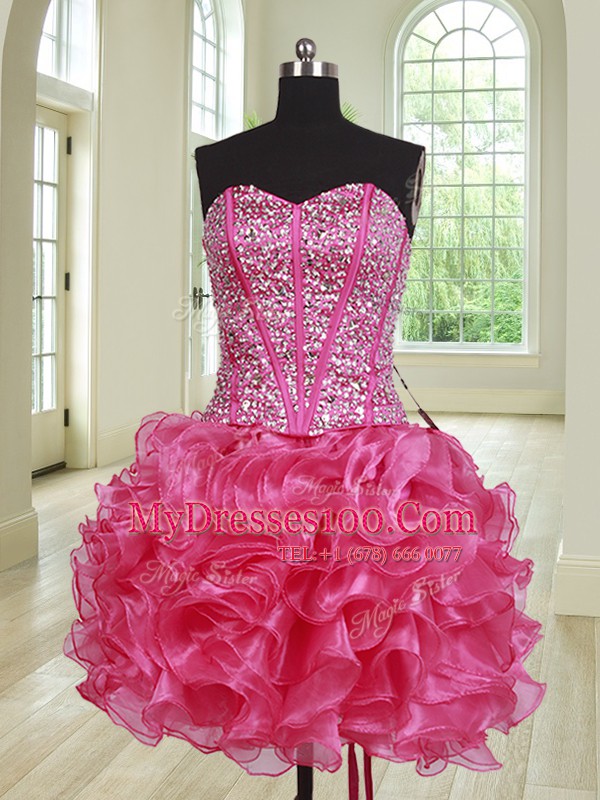 Four Piece Sweetheart Sleeveless 15 Quinceanera Dress Floor Length Beading and Ruffles Hot Pink Organza