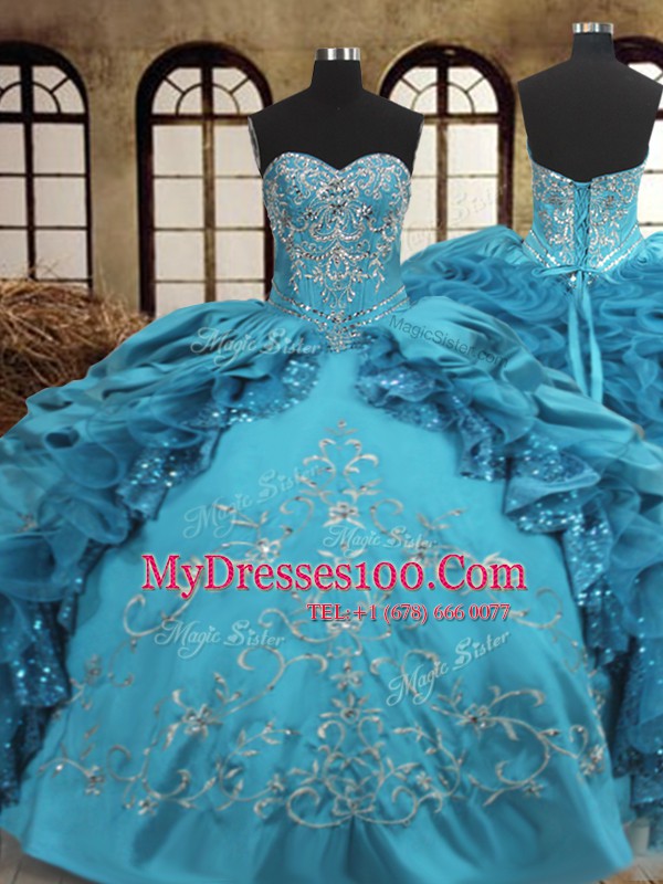 Luxury Teal Lace Up Sweet 16 Quinceanera Dress Beading and Embroidery and Ruffles Sleeveless Floor Length