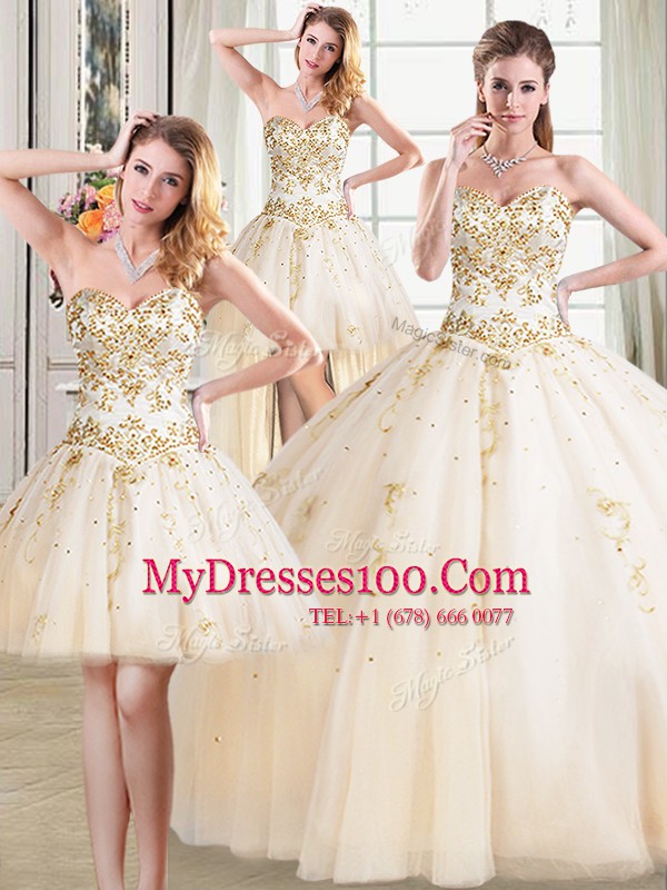 Sexy Four Piece Floor Length Champagne Vestidos de Quinceanera Sweetheart Sleeveless Lace Up