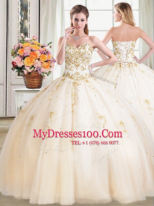 Sexy Four Piece Floor Length Champagne Vestidos de Quinceanera Sweetheart Sleeveless Lace Up