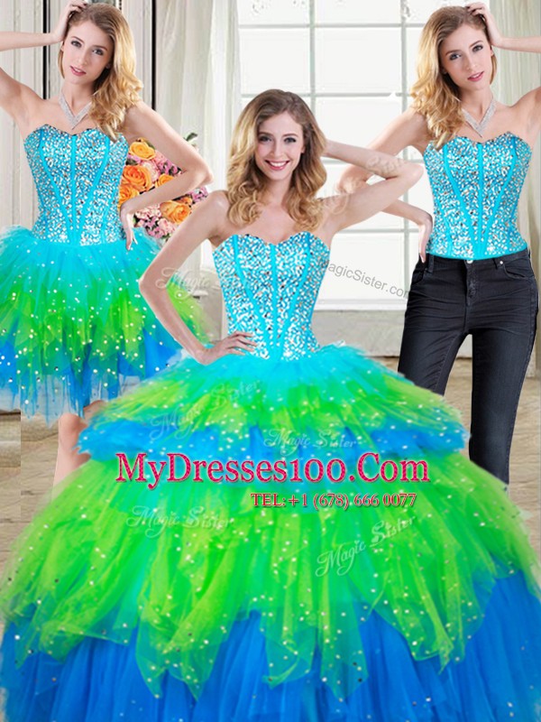 Three Piece Sleeveless Tulle Floor Length Lace Up Quince Ball Gowns in Multi-color with Beading and Ruffled Layers