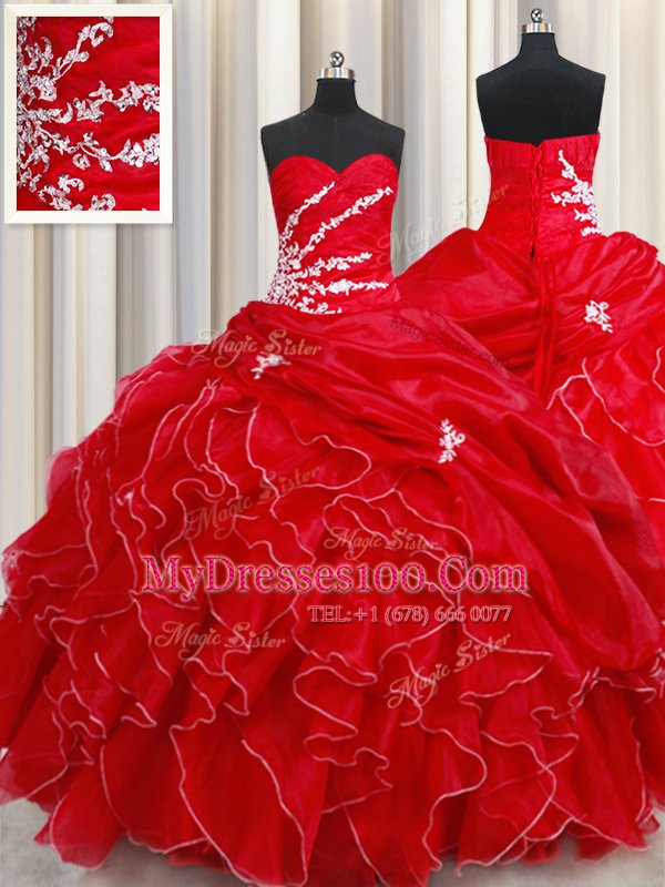High Quality Pick Ups Red Sleeveless Organza Lace Up Ball Gown Prom Dress for Military Ball and Sweet 16 and Quinceanera