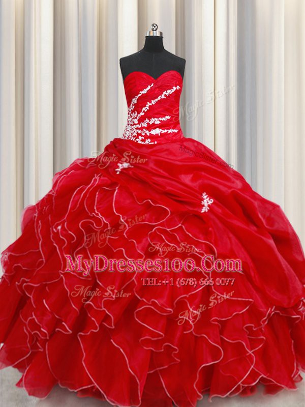 High Quality Pick Ups Red Sleeveless Organza Lace Up Ball Gown Prom Dress for Military Ball and Sweet 16 and Quinceanera