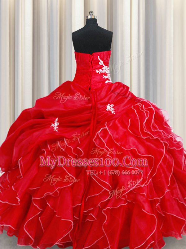 High Quality Pick Ups Red Sleeveless Organza Lace Up Ball Gown Prom Dress for Military Ball and Sweet 16 and Quinceanera