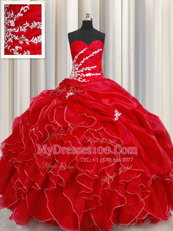 High Quality Pick Ups Red Sleeveless Organza Lace Up Ball Gown Prom Dress for Military Ball and Sweet 16 and Quinceanera