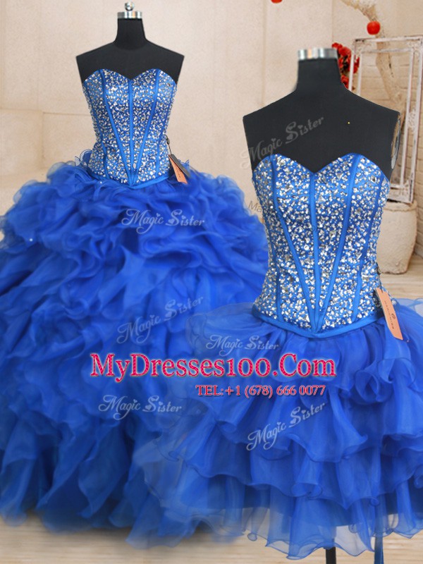 Unique Three Piece Sleeveless Organza Floor Length Lace Up Quinceanera Dress in Royal Blue with Beading and Ruffles