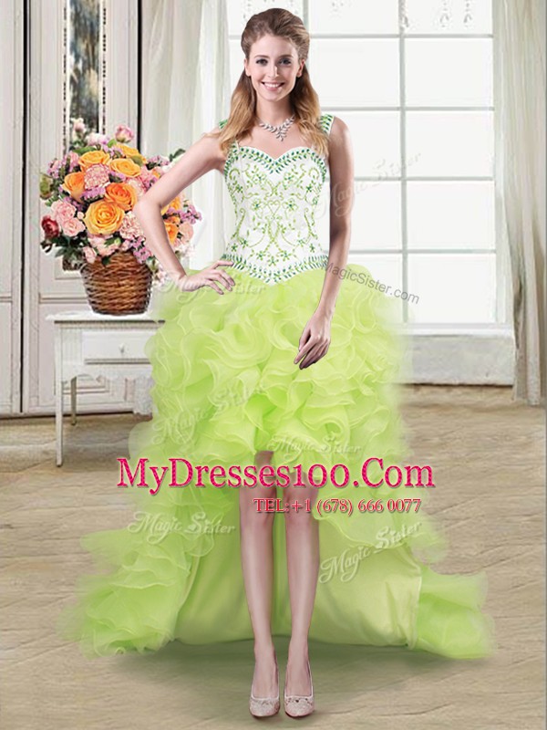 Chic Four Piece Ball Gowns Sweet 16 Quinceanera Dress Yellow Green Straps Organza Sleeveless Floor Length Lace Up