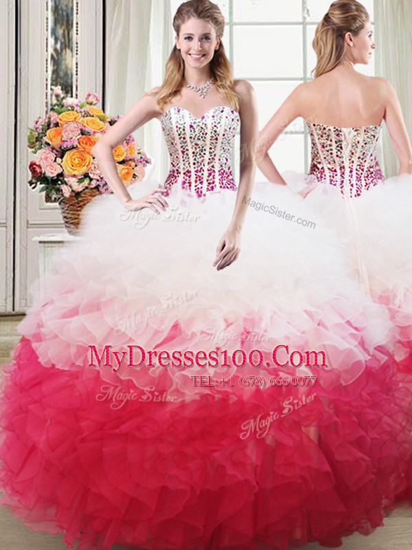 Pink And White Lace Up Sweetheart Beading and Ruffles Sweet 16 Quinceanera Dress Organza Sleeveless