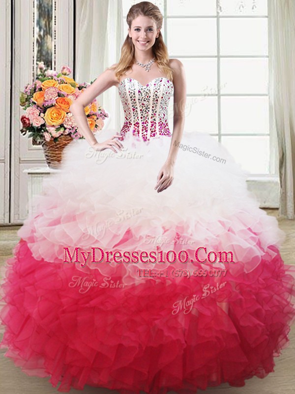 Pink And White Lace Up Sweetheart Beading and Ruffles Sweet 16 Quinceanera Dress Organza Sleeveless