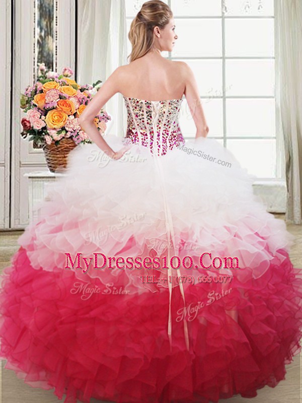 Pink And White Lace Up Sweetheart Beading and Ruffles Sweet 16 Quinceanera Dress Organza Sleeveless