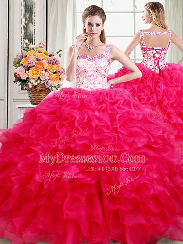 Ideal Straps Floor Length Lace Up Ball Gown Prom Dress Hot Pink for Military Ball and Sweet 16 and Quinceanera with Beading and Ruffles