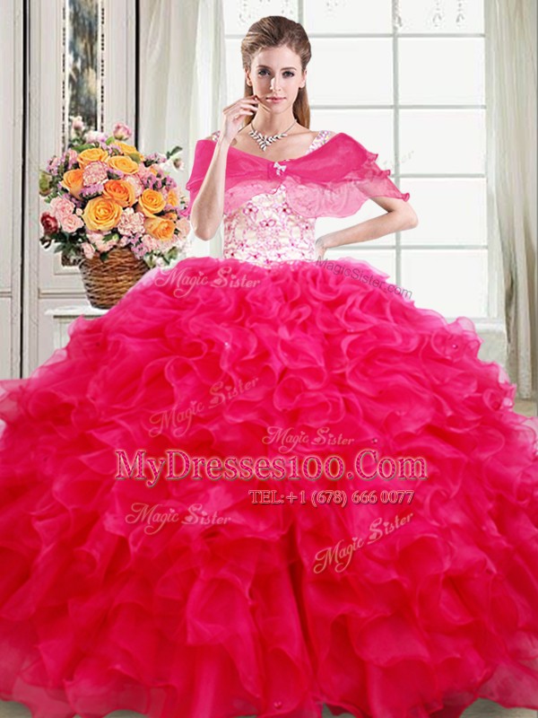 Ideal Straps Floor Length Lace Up Ball Gown Prom Dress Hot Pink for Military Ball and Sweet 16 and Quinceanera with Beading and Ruffles