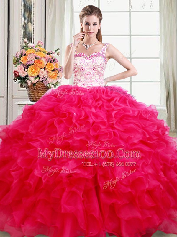 Ideal Straps Floor Length Lace Up Ball Gown Prom Dress Hot Pink for Military Ball and Sweet 16 and Quinceanera with Beading and Ruffles