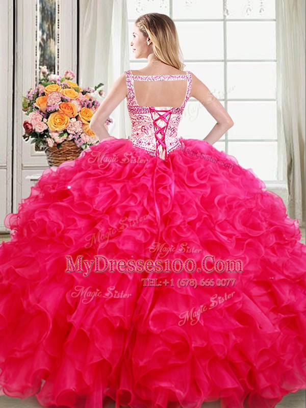 Ideal Straps Floor Length Lace Up Ball Gown Prom Dress Hot Pink for Military Ball and Sweet 16 and Quinceanera with Beading and Ruffles