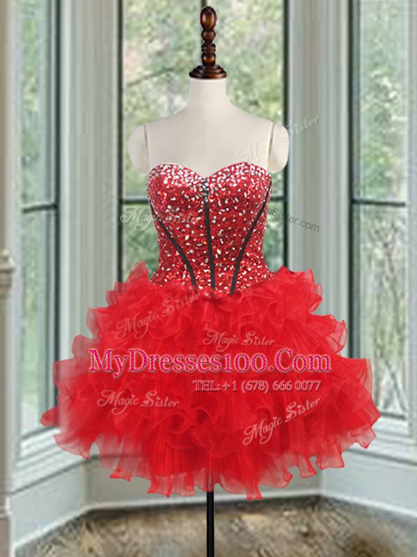 Three Piece Ruffled Ball Gowns Quinceanera Dress Black and Red Sweetheart Organza Sleeveless Floor Length Lace Up