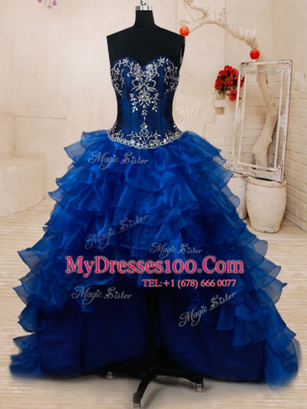 Extravagant Four Piece Sleeveless Organza and Taffeta With Brush Train Lace Up Ball Gown Prom Dress in Royal Blue with Beading and Ruffled Layers and Pick Ups