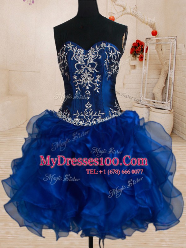 Extravagant Four Piece Sleeveless Organza and Taffeta With Brush Train Lace Up Ball Gown Prom Dress in Royal Blue with Beading and Ruffled Layers and Pick Ups