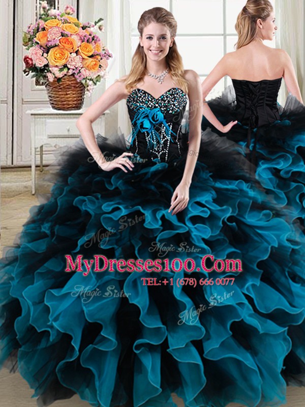 Latest Black and Blue Sleeveless Beading and Ruffles and Hand Made Flower Floor Length Sweet 16 Dresses