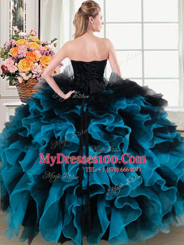Latest Black and Blue Sleeveless Beading and Ruffles and Hand Made Flower Floor Length Sweet 16 Dresses