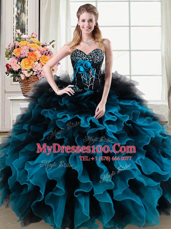 Latest Black and Blue Sleeveless Beading and Ruffles and Hand Made Flower Floor Length Sweet 16 Dresses