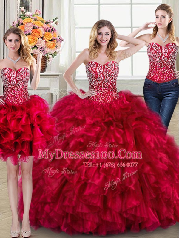 Three Piece Beading and Ruffles Sweet 16 Dress Red Lace Up Sleeveless Brush Train