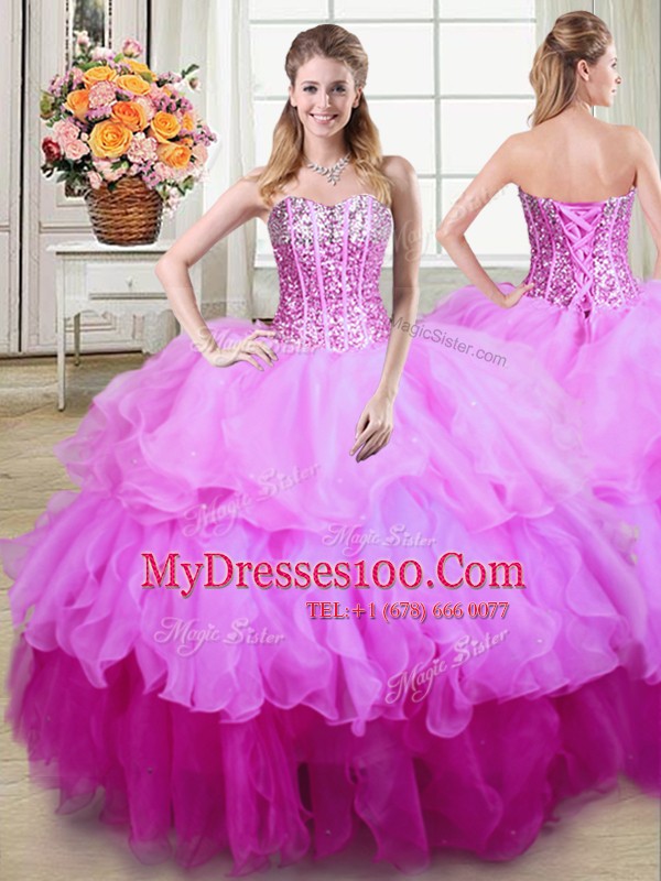 Stunning Four Piece Multi-color Ball Gowns Organza Sweetheart Sleeveless Ruffles and Sequins Floor Length Lace Up Quinceanera Gown