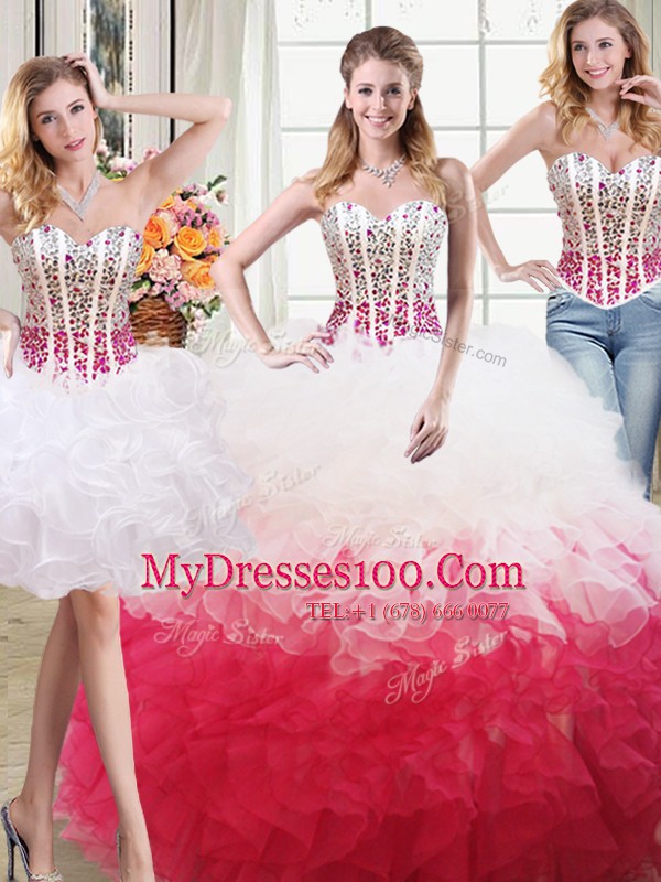 Three Piece White and Red Organza Lace Up High-neck Sleeveless Floor Length Quinceanera Dresses Beading and Ruffles