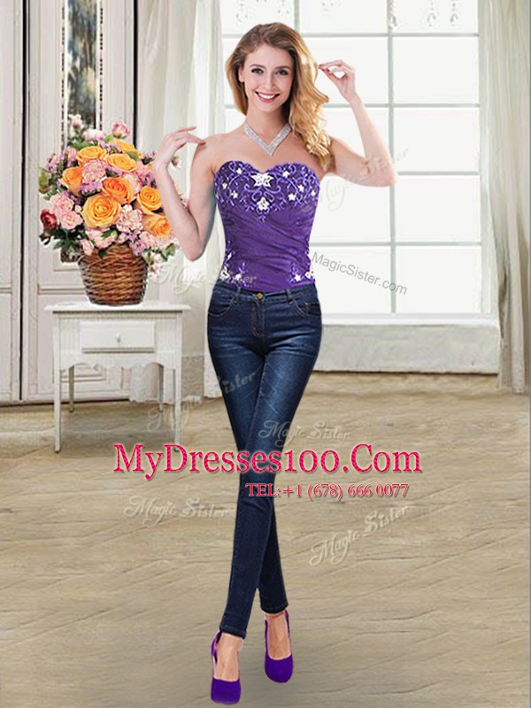 Four Piece Sleeveless Organza Floor Length Lace Up Quince Ball Gowns in Purple with Beading and Appliques and Pick Ups