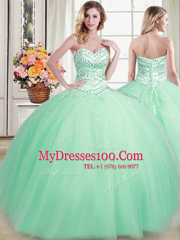 Glittering Apple Green Ball Gowns Sweetheart Sleeveless Tulle Floor Length Lace Up Beading Ball Gown Prom Dress