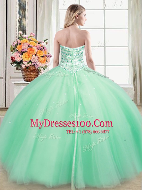 Glittering Apple Green Ball Gowns Sweetheart Sleeveless Tulle Floor Length Lace Up Beading Ball Gown Prom Dress