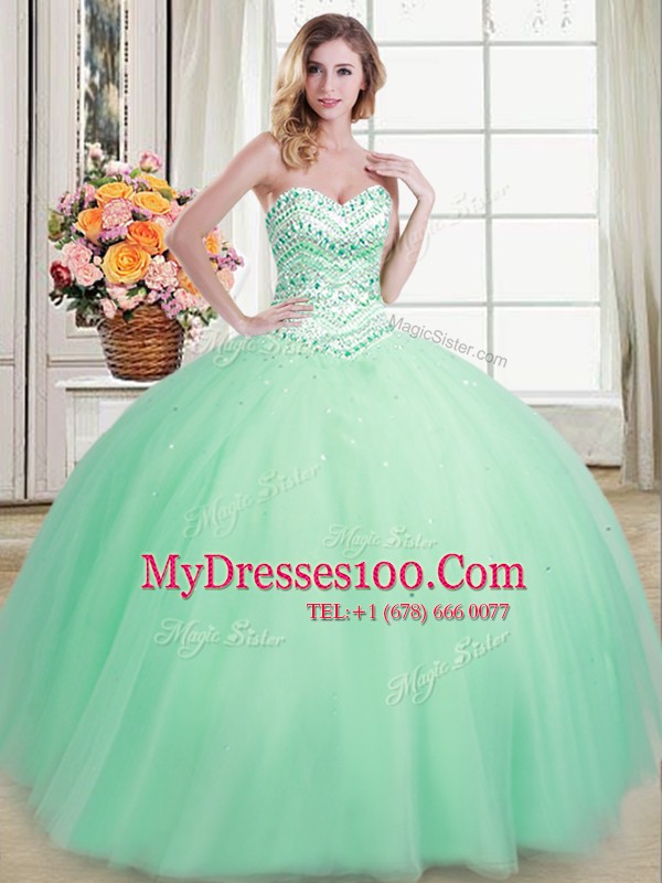 Glittering Apple Green Ball Gowns Sweetheart Sleeveless Tulle Floor Length Lace Up Beading Ball Gown Prom Dress