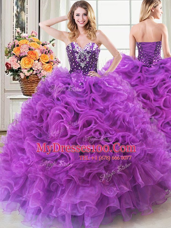 Flirting Eggplant Purple Sleeveless Beading and Ruffles Floor Length Quince Ball Gowns