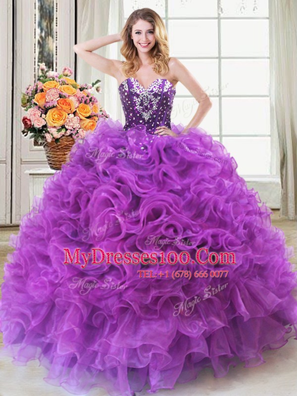 Flirting Eggplant Purple Sleeveless Beading and Ruffles Floor Length Quince Ball Gowns