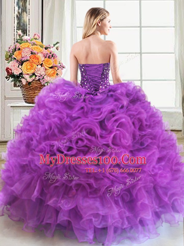 Flirting Eggplant Purple Sleeveless Beading and Ruffles Floor Length Quince Ball Gowns