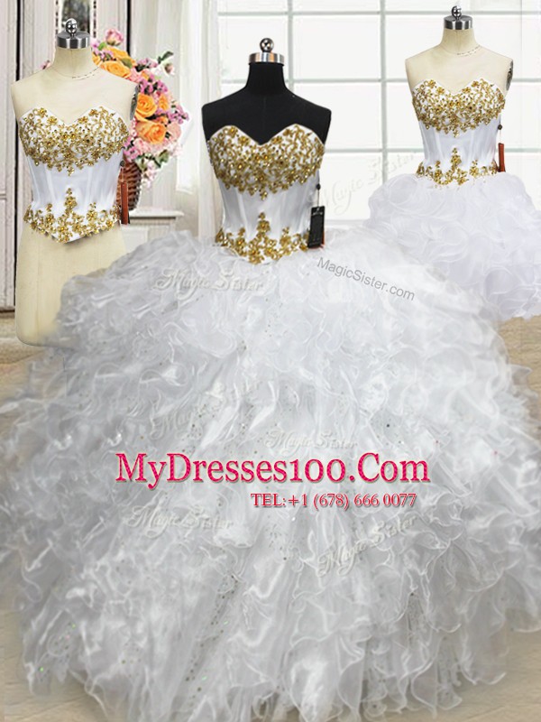 Great Three Piece Sweetheart Sleeveless Organza Quinceanera Gowns Beading and Ruffled Layers Lace Up