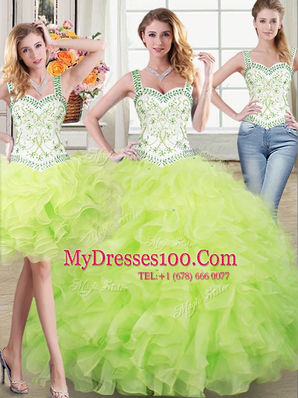 Pretty Three Piece Straps Beading and Lace and Ruffles Quinceanera Gown Yellow Green Lace Up Sleeveless Floor Length
