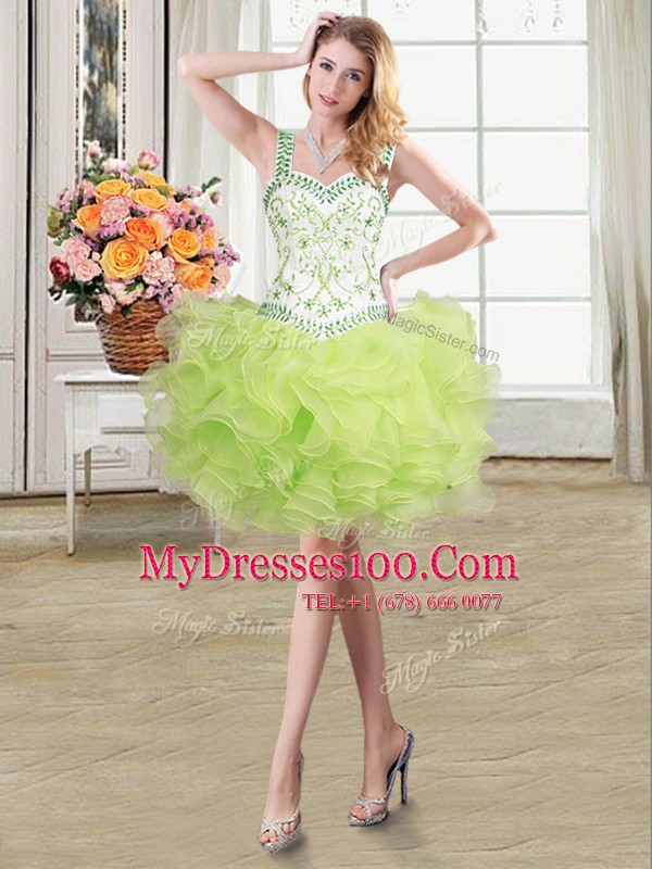 Pretty Three Piece Straps Beading and Lace and Ruffles Quinceanera Gown Yellow Green Lace Up Sleeveless Floor Length