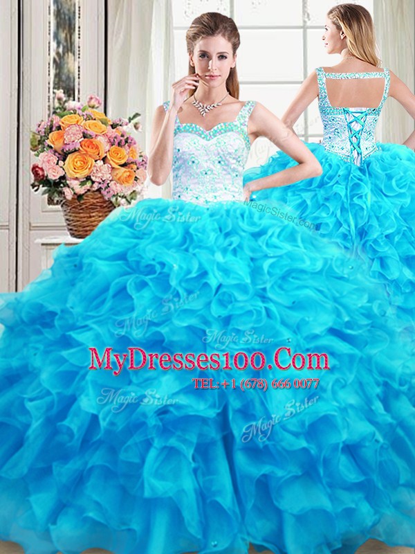 Exceptional Straps Sleeveless Organza Floor Length Lace Up Quinceanera Gown in Baby Blue with Beading and Ruffles