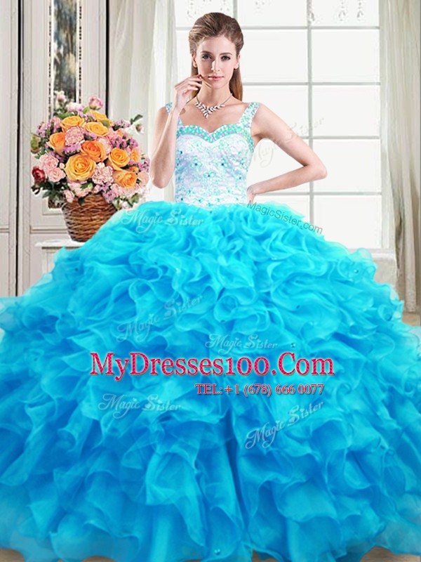 Exceptional Straps Sleeveless Organza Floor Length Lace Up Quinceanera Gown in Baby Blue with Beading and Ruffles