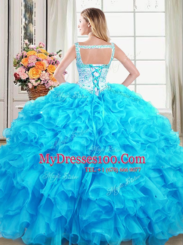Exceptional Straps Sleeveless Organza Floor Length Lace Up Quinceanera Gown in Baby Blue with Beading and Ruffles