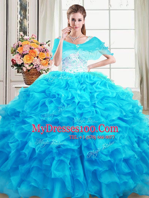 Exceptional Straps Sleeveless Organza Floor Length Lace Up Quinceanera Gown in Baby Blue with Beading and Ruffles