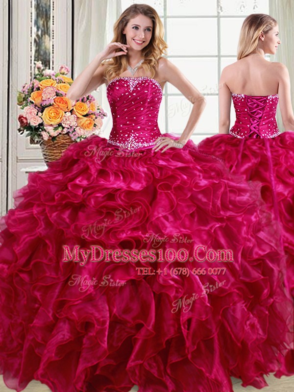 Delicate Four Piece Fuchsia Lace Up Sweet 16 Quinceanera Dress Beading and Ruffles Sleeveless Floor Length